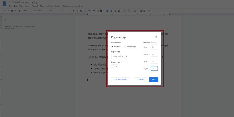what are the default margins in google docs